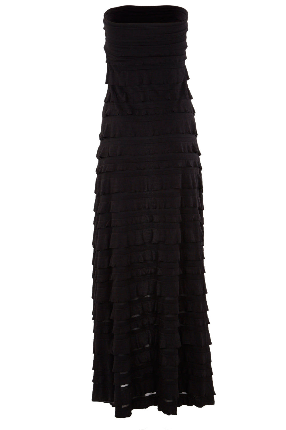 Product shot of the Maddison Maxi Ruffle Dress in colour Black (Black), from the back