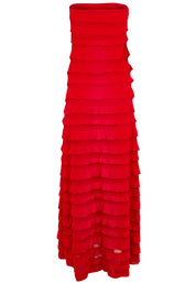 Product shot of the Maddison Maxi Ruffle Dress in colour Cherry (Red), from the back