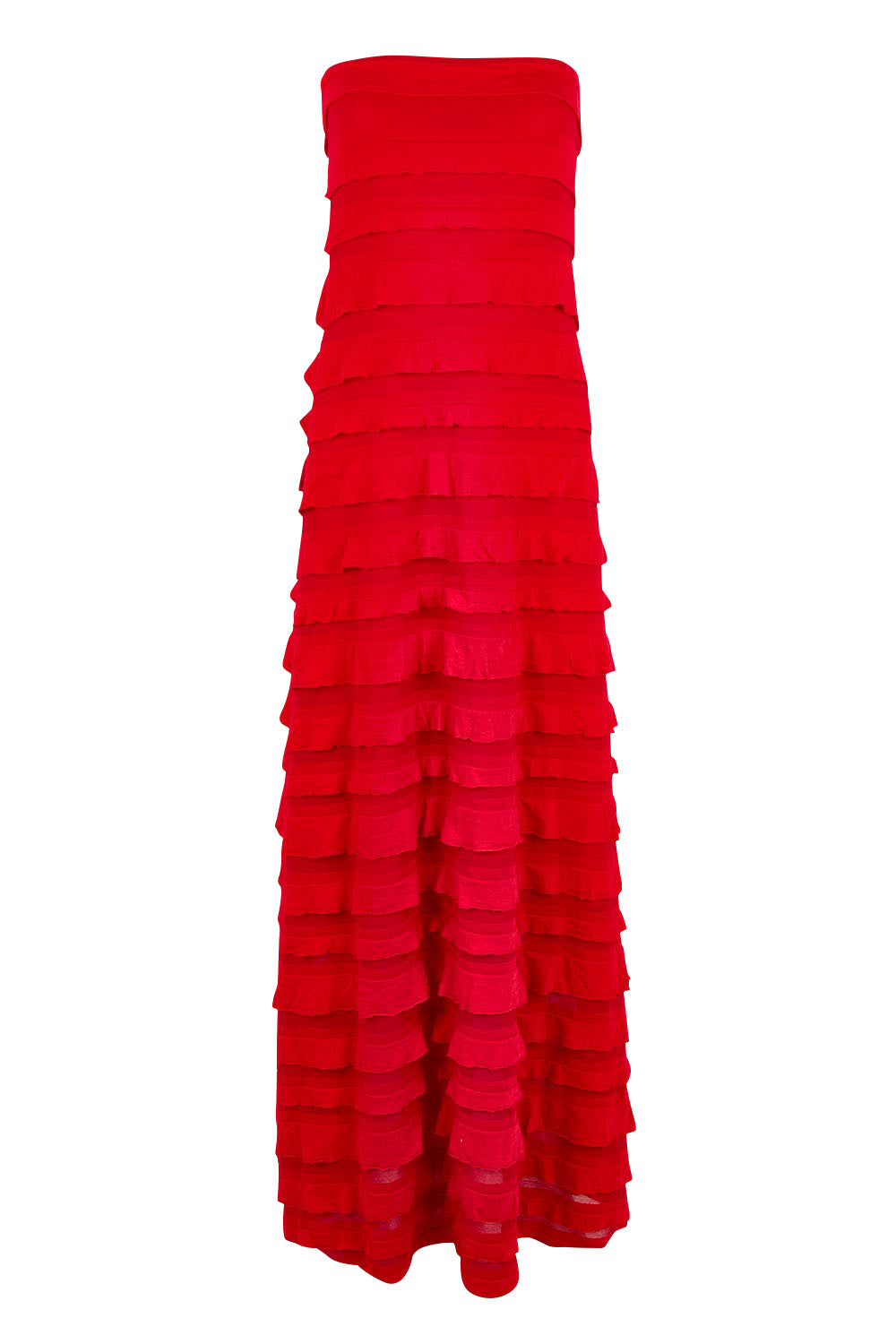 Product shot of the Maddison Maxi Ruffle Dress in colour Cherry (Red), from the front
