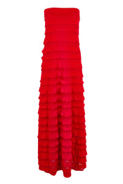 Product shot of the Maddison Maxi Ruffle Dress in colour Cherry (Red), from the front