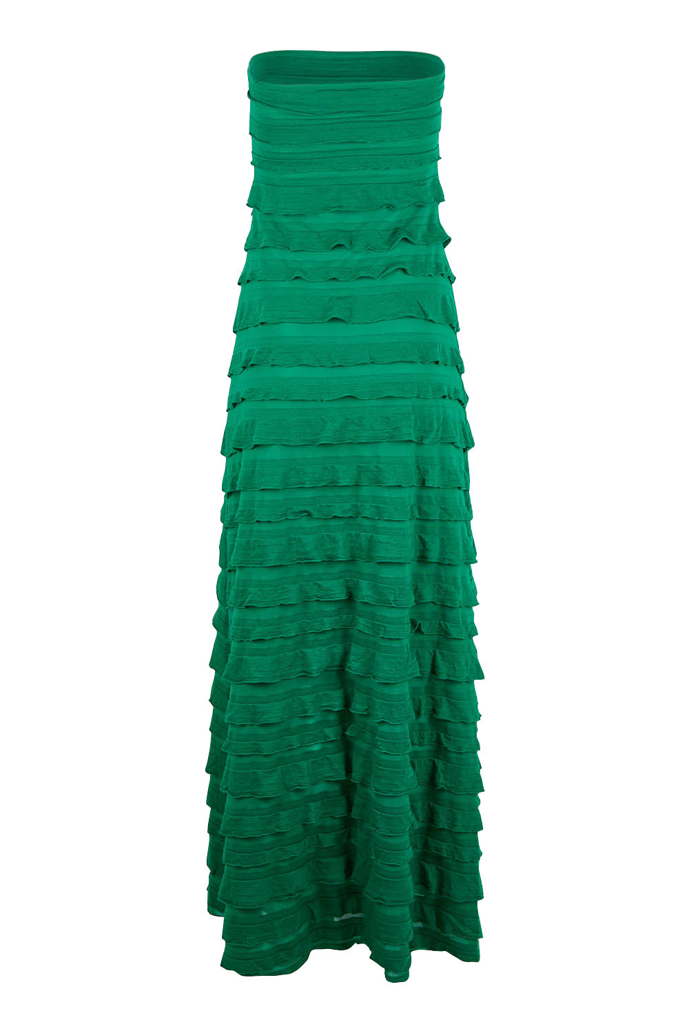 Product shot of the Maddison Maxi Ruffle Dress in colour Emerald (Green), from the back