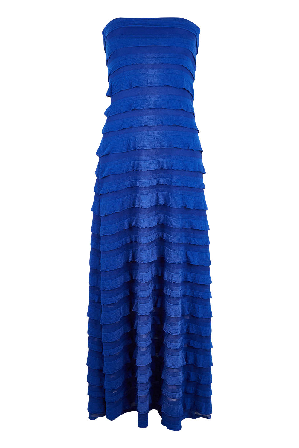 Product shot of the Maddison Maxi Ruffle Dress in colour Sapphire (Blue), from the front