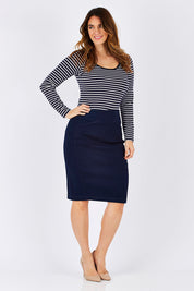 Model Laura wearing size 12 of the Denim Skirt in colour IndigoDen (Blue), from the front, showing the whole outfit