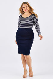 Model Ljubenka wearing size 16 of the Denim Skirt in colour IndigoDen (Blue), from the front, showing the whole outfit