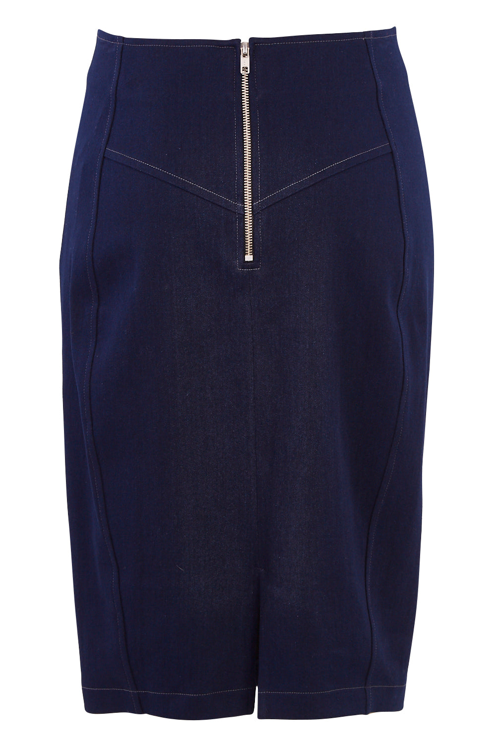 Product shot of the Denim Skirt in colour IndigoDen (Blue), from the back
