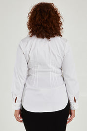 Model Maddy wearing size 16 of the Classic Shirt in colour White (White), from the back