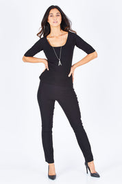 Model Gemma wearing size 10 of the 3/4 Sleeve Top in colour Black (Black), from the front, showing the whole outfit
