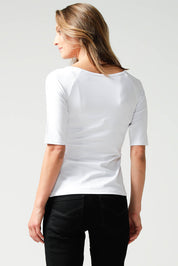 A model wearing the 3/4 Sleeve Top in colour White (White), from the back