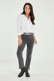 Model Katie wearing size 10 of the Layla Jean in colour Charcoal (Black), from the front, showing the whole outfit
