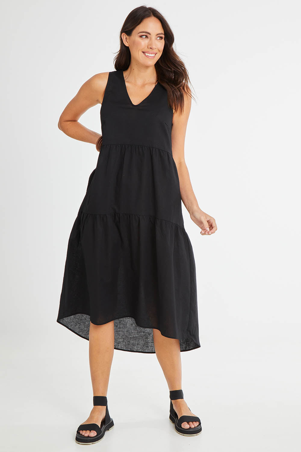 Model Madeline wearing size 10 of the Alina Midi Dress in colour Black (Black), from the front, showing the whole outfit