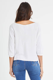 Model Madeline wearing size 10 of the Donna Knit Top in colour White (White), from the back