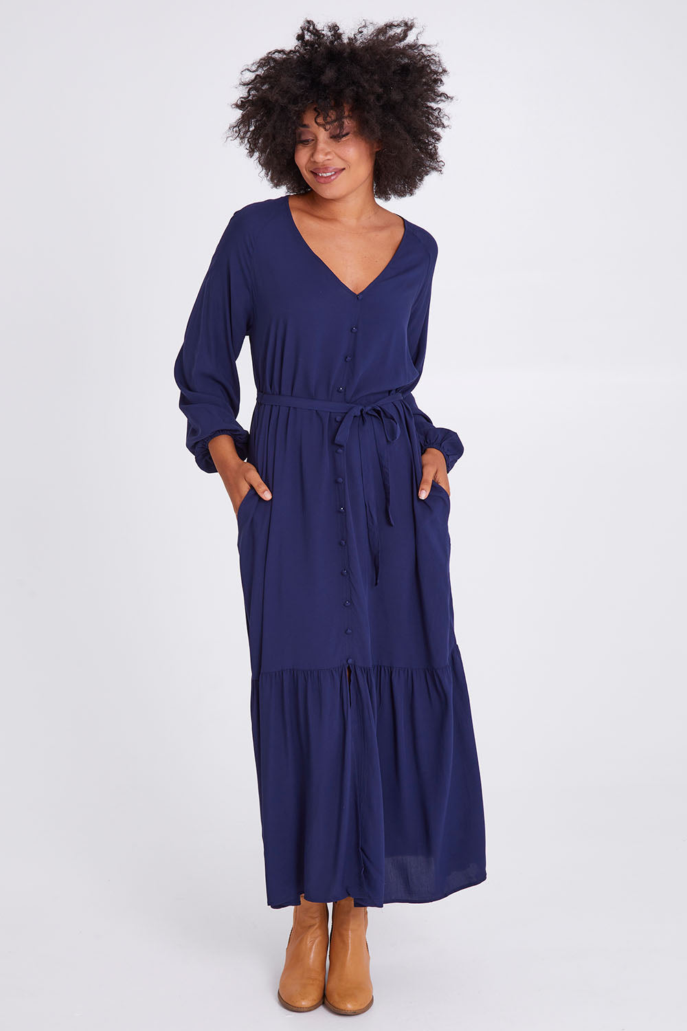 Model Olivia wearing size 10 of the Brigitte Balloon Sleeve Maxi Dress in colour Navy (Blue), from the front, showing the whole outfit