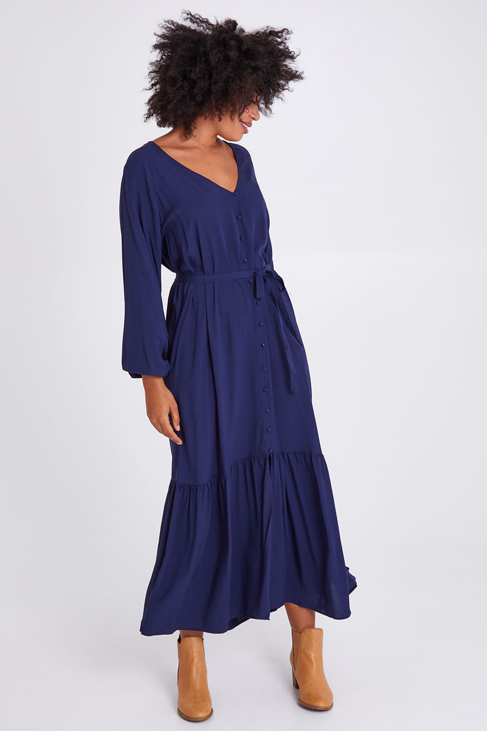 Model Olivia wearing size 10 of the Brigitte Balloon Sleeve Maxi Dress in colour Navy (Blue), from the front, showing the whole outfit