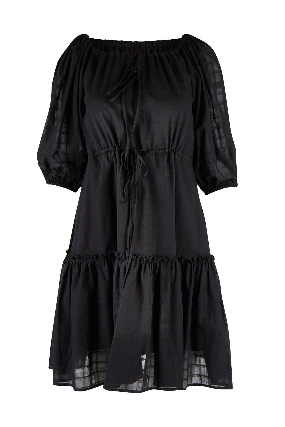 Product shot of the Ruby Tiered Midi Dress in colour Black (Black), from the front