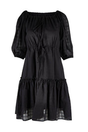 Product shot of the Ruby Tiered Midi Dress in colour Black (Black), from the front