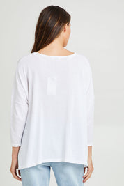 Model Madeline wearing size 10 of the Shiv Dolmain Knit in colour White (White), from the back