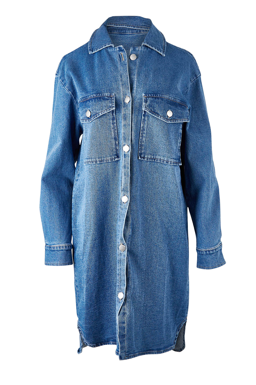Product shot of the Nya Long Denim Shacket Dress in colour 80Wash (Blue), from the front
