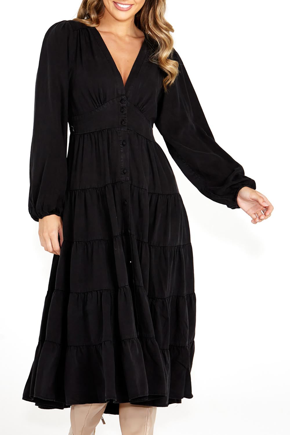 A model wearing the Charity Tiered Midi Dress in colour Black (Black), from the front, cropped image