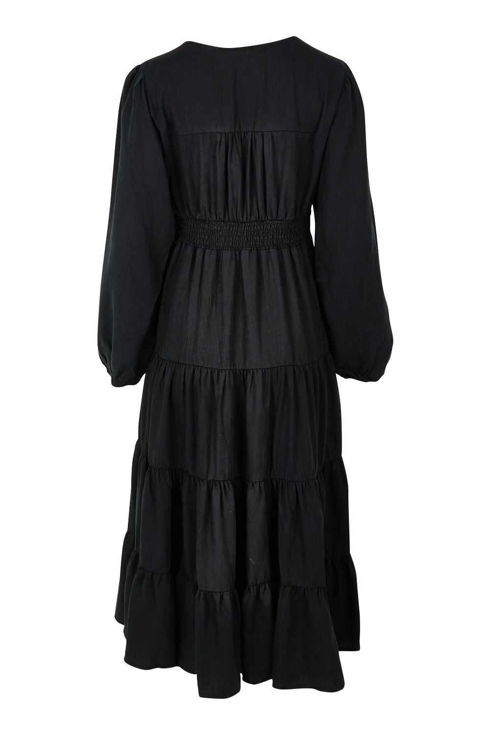 Product shot of the Charity Tiered Midi Dress in colour Black (Black), from the back