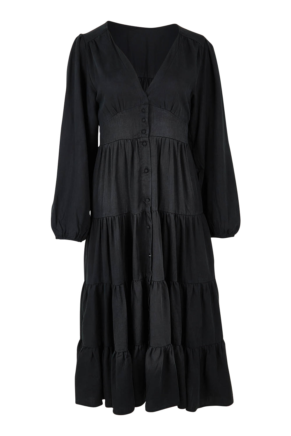 Product shot of the Charity Tiered Midi Dress in colour Black (Black), from the front