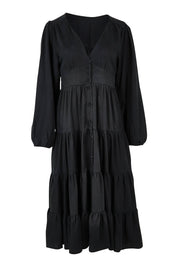 Product shot of the Charity Tiered Midi Dress in colour Black (Black), from the front