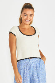 Preloved Coco Crochet Cotton Knit Top - Cream