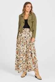 A model wearing the Dara Boho Skirt in colour Wildflower, from the front, showing the whole outfit