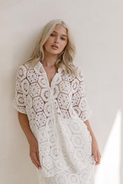 A model wearing the Clover Lace Cotton Shirt in colour White (White), from the front, showing the whole outfit
