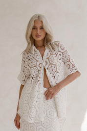 A model wearing the Clover Lace Cotton Shirt in colour White (White), from the front, showing the whole outfit