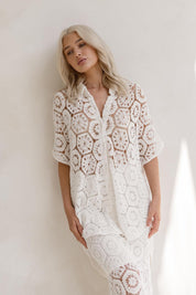 A model wearing the Clover Lace Cotton Shirt in colour White (White), from the front, showing the whole outfit