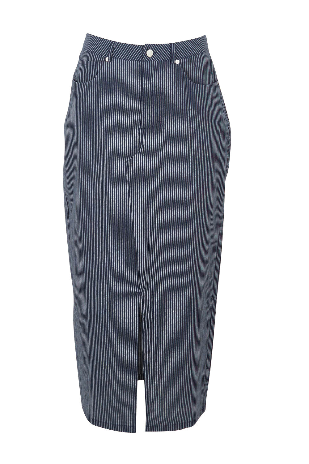 Product shot of the Liberty Cotton Maxi Skirt in colour Navy (Blue), from the front