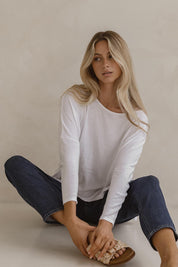 A model wearing the Khaleesi Cotton Knit Top in colour White (White), from the front, showing the whole outfit