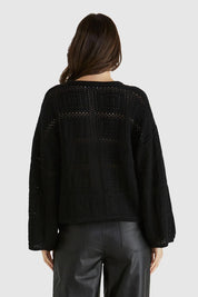 A model wearing the Marcello Cotton Crochet Top in colour Black (Black), from the back