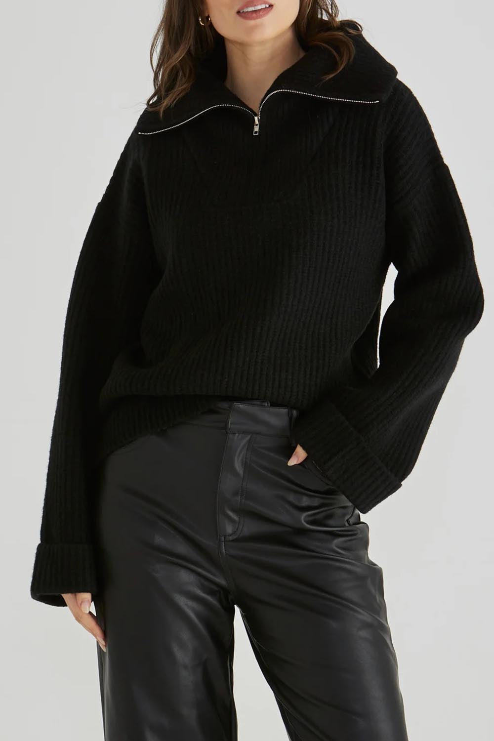 A model wearing the Bennett Knit Jumper in colour Black (Black), from the front, cropped image