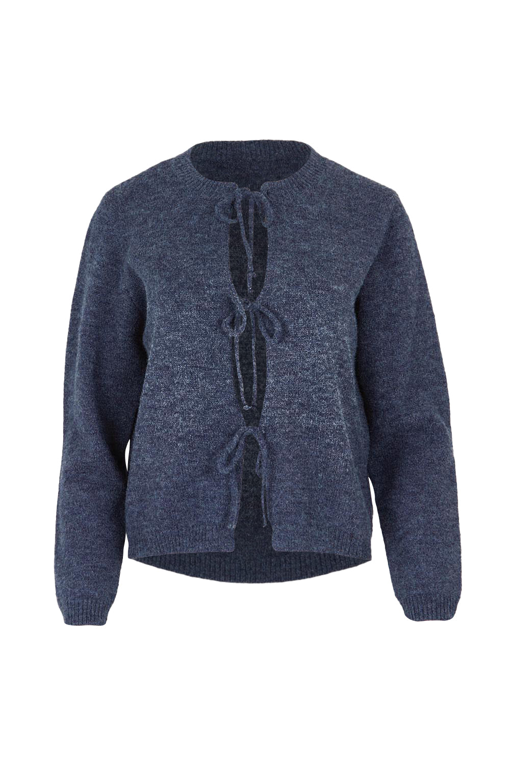 Product shot of the Greta Cardi in colour Navymarle (Blue), from the front