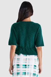 A model wearing the Casey Cardi in colour Teal (Green), from the back