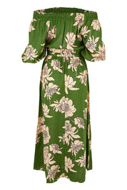 Product shot of the Antonie Off Shoulder Dress in colour Moonflower (Green), from the back
