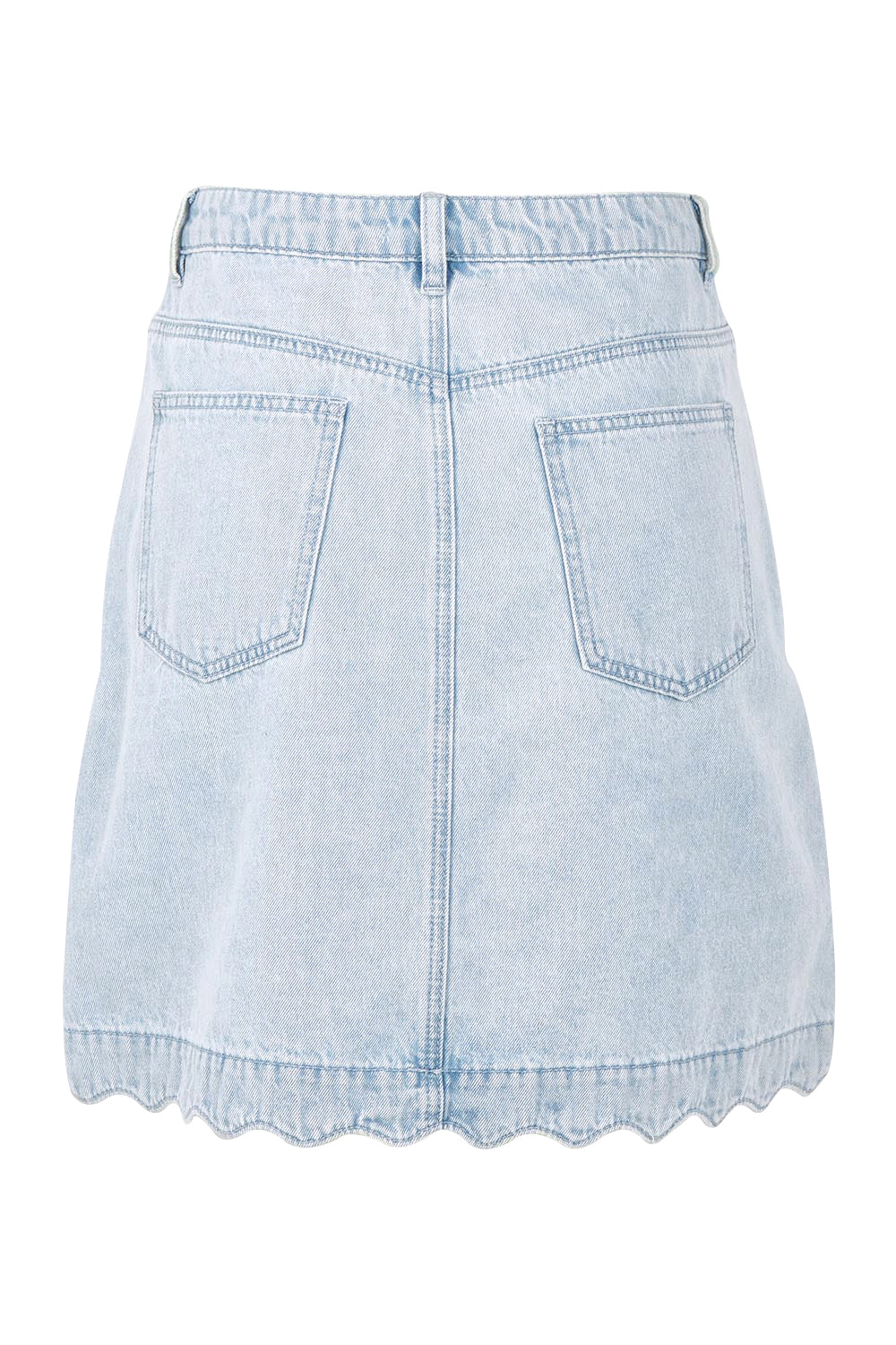 Product shot of the Vale Scalloped Denim Skirt in colour Bleach (Blue), from the back