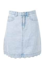 Product shot of the Vale Scalloped Denim Skirt in colour Bleach (Blue), from the front