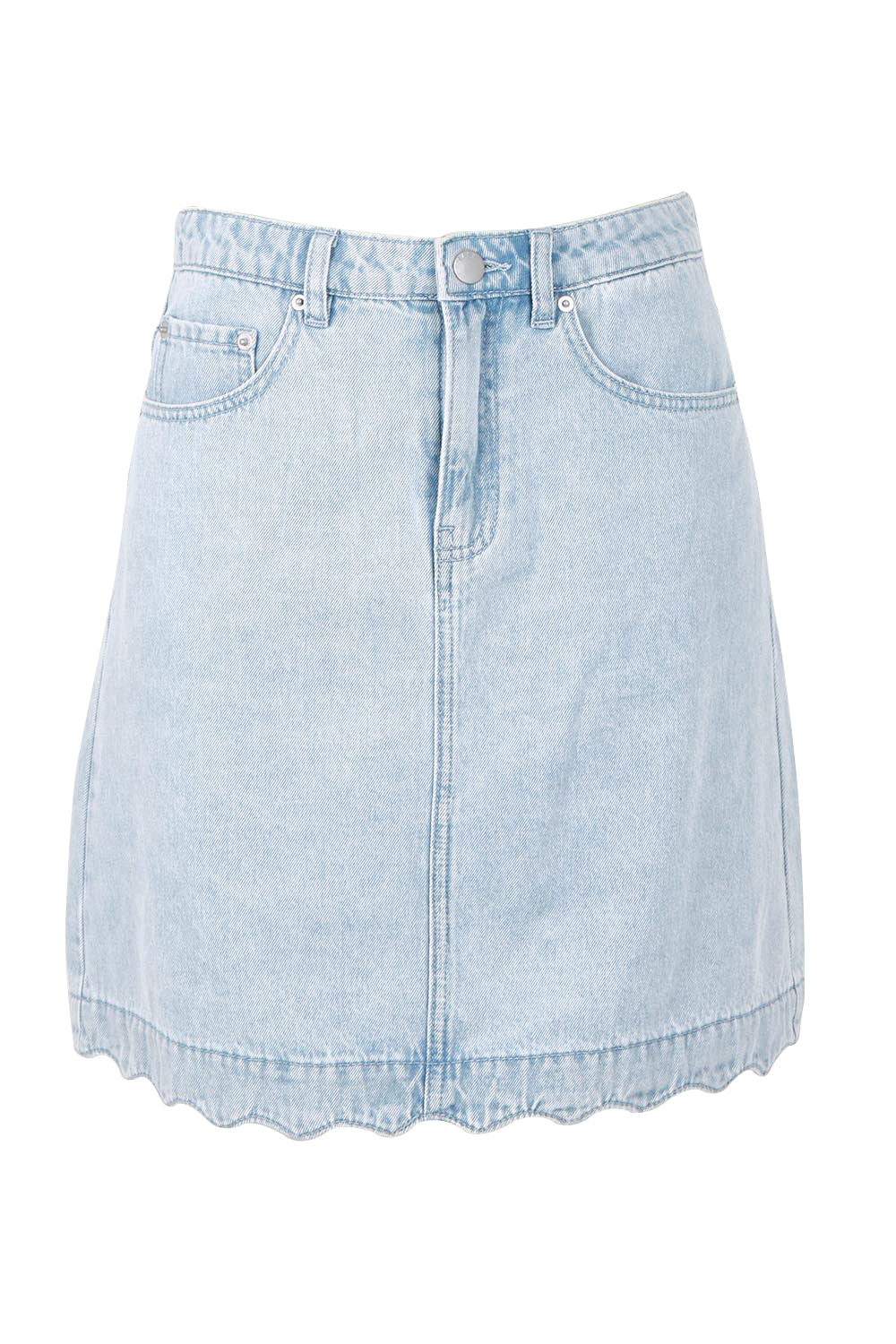 Product shot of the Vale Scalloped Denim Skirt in colour Bleach (Blue), from the front