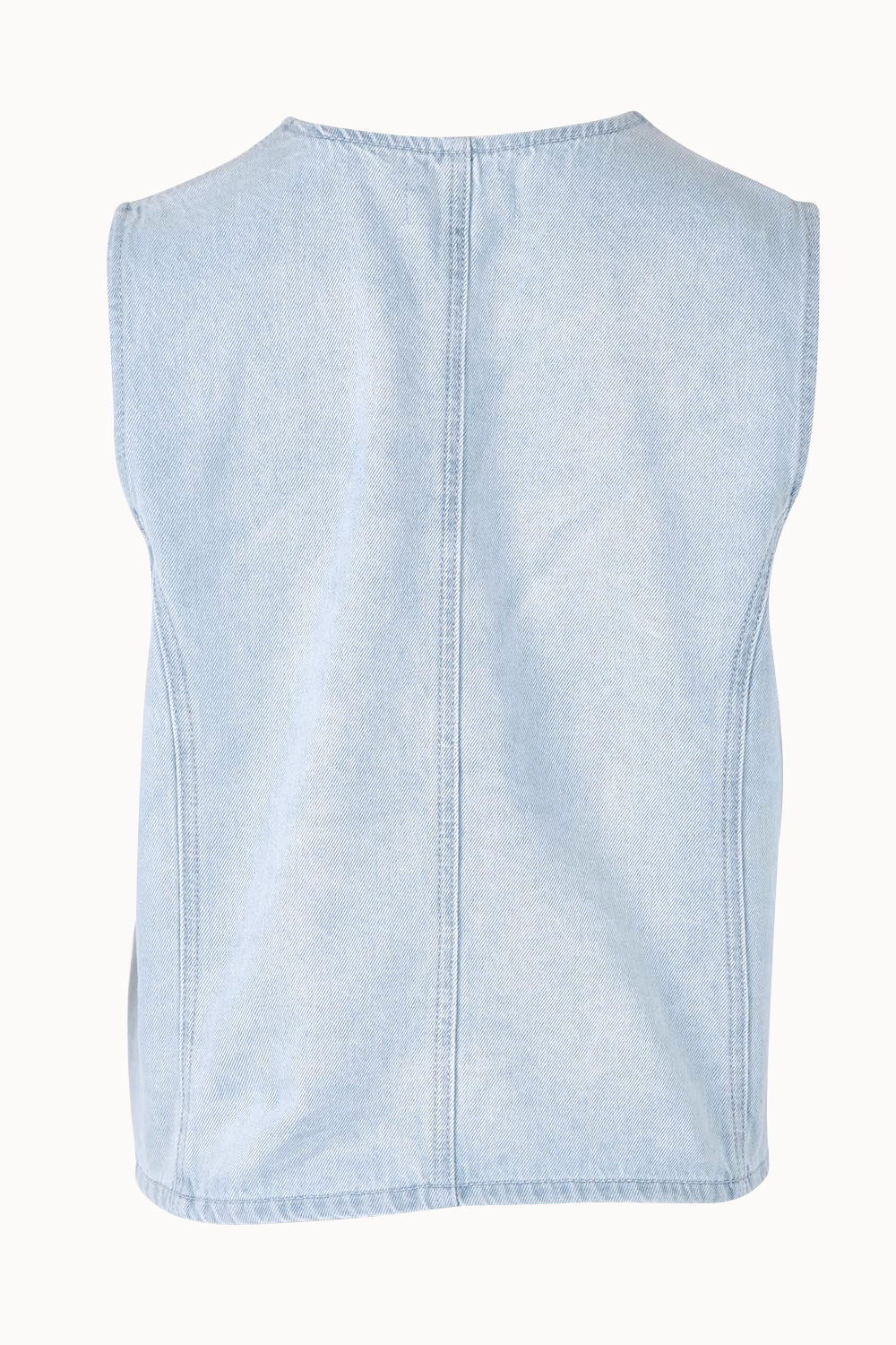 Product shot of the Sabine Denim Vest in colour Bleach (Blue), from the back