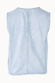 Product shot of the Sabine Denim Vest in colour Bleach (Blue), from the back