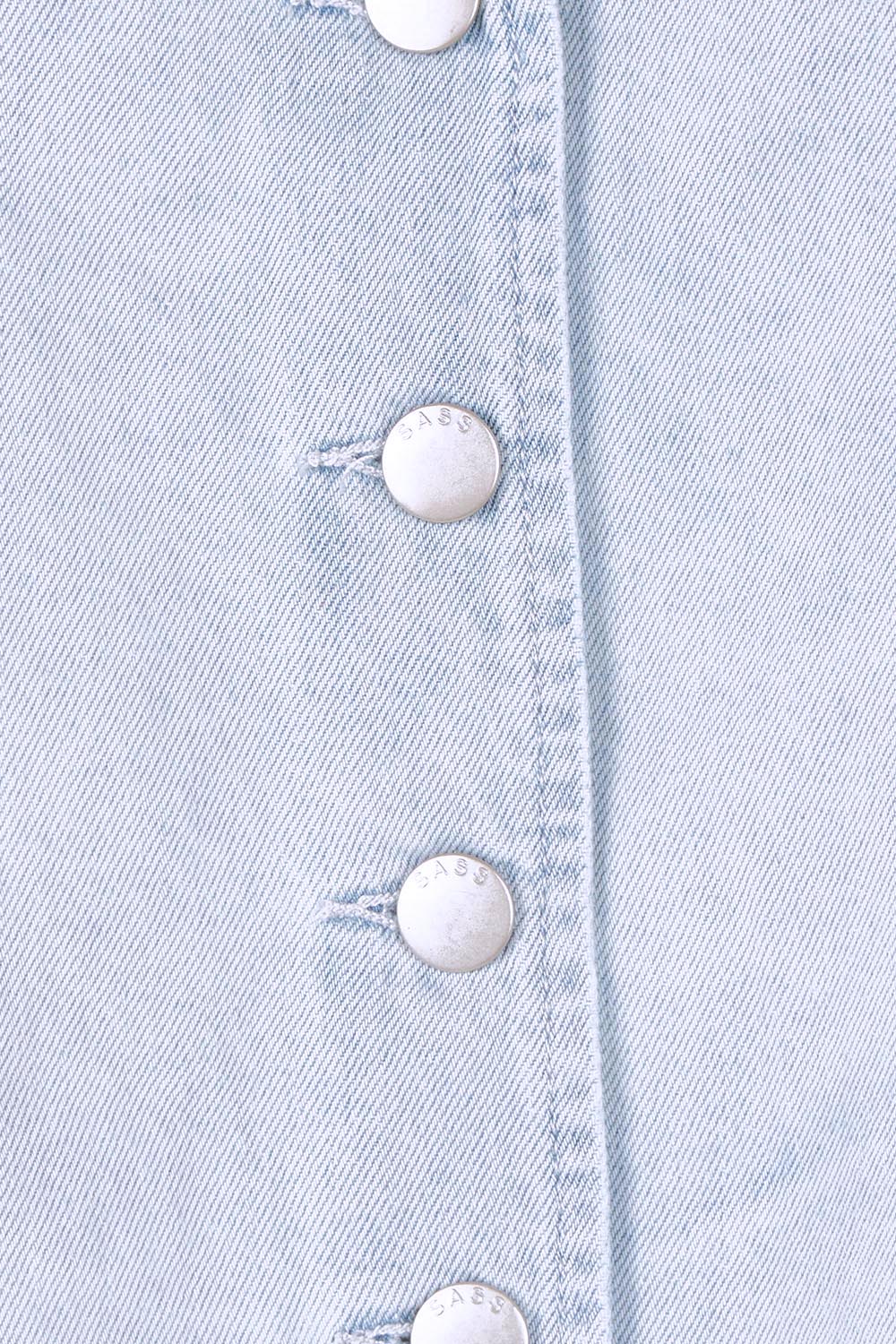 Product shot of the Sabine Denim Vest in colour Bleach (Blue), detail