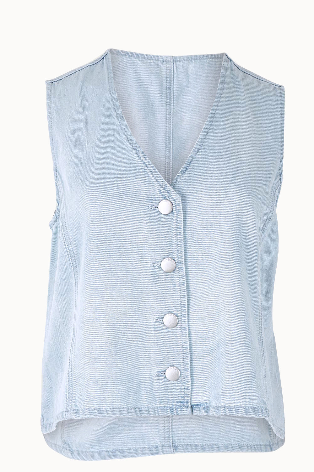 Product shot of the Sabine Denim Vest in colour Bleach (Blue), from the front