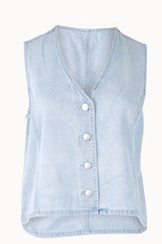 Product shot of the Sabine Denim Vest in colour Bleach (Blue), from the front