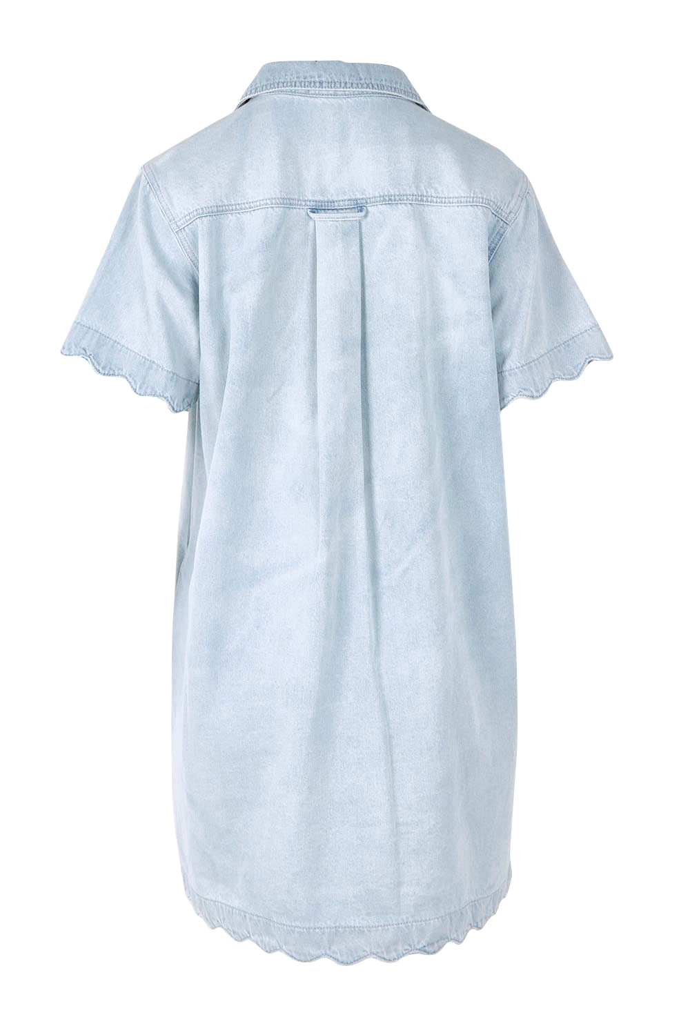 Product shot of the Vale Scalloped Denim Dress in colour Bleach (Blue), from the back