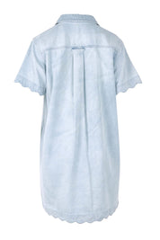 Product shot of the Vale Scalloped Denim Dress in colour Bleach (Blue), from the back