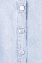 Product shot of the Vale Scalloped Denim Dress in colour Bleach (Blue), detail
