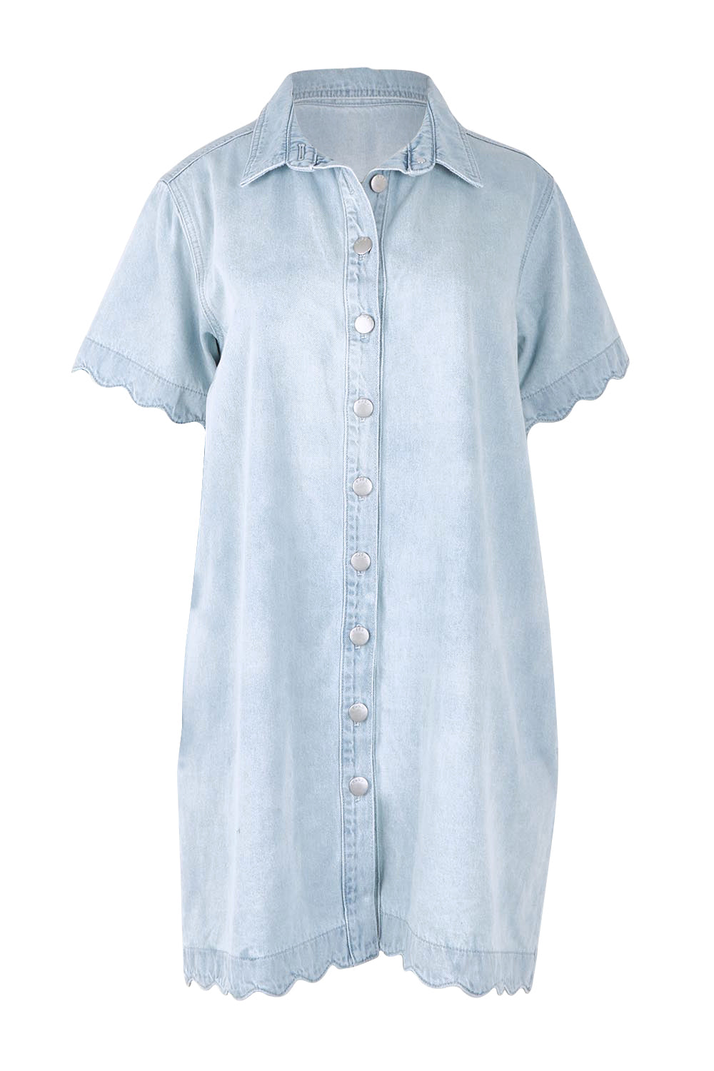 Product shot of the Vale Scalloped Denim Dress in colour Bleach (Blue), from the front