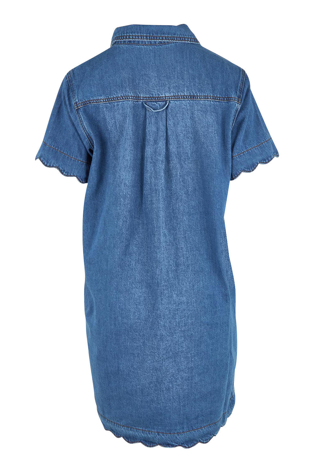 Product shot of the Vale Scalloped Denim Dress in colour Midblue (Blue), from the back